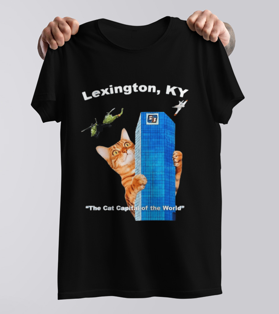 Lexington KY The Cat Capital Of The World Funny Cat With Building And Helicopter T-Shirt