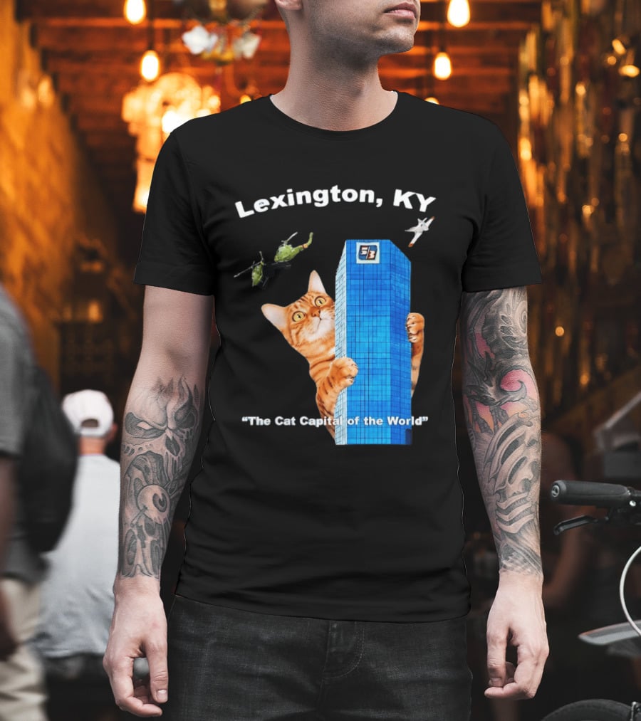 Lexington KY The Cat Capital Of The World Funny Cat With Building And Helicopter T-Shirt