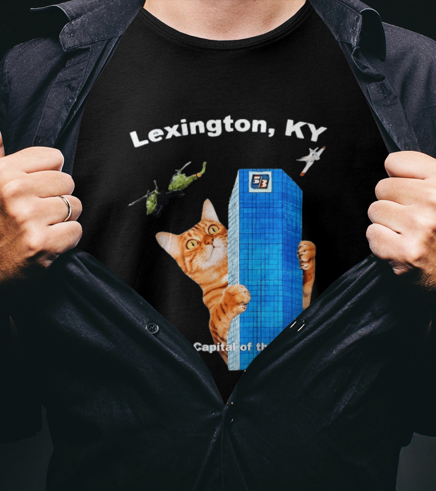 Lexington KY The Cat Capital Of The World Funny Cat With Building And Helicopter T-Shirt