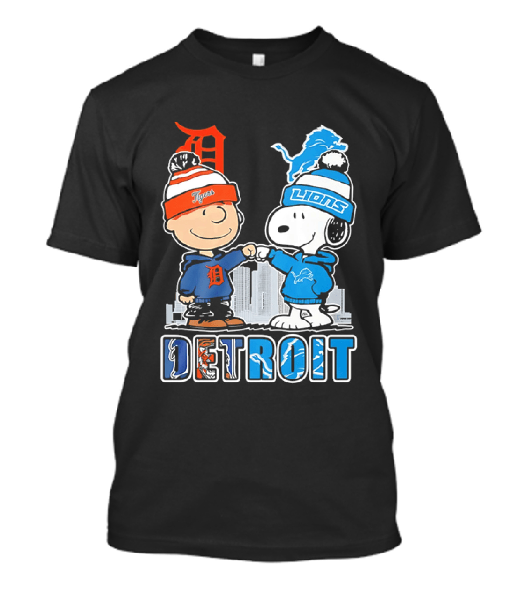 Charlie Brown Snoopy Detroit Tigers Lions Fist Bump Peanuts T-Shirt