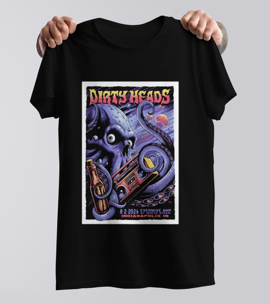 Dirty Heads Everwise Amp At White River 8.2.2026 Indianapolis IN Octopus Skull Alien Boombox T-Shirt