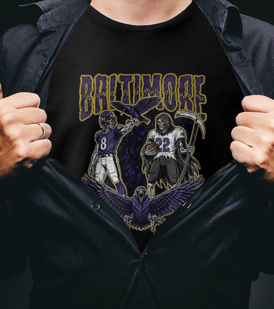 Baltimore Ravens Football Skeleton Lamar Jackson Derrick Henry Ravens T-Shirt