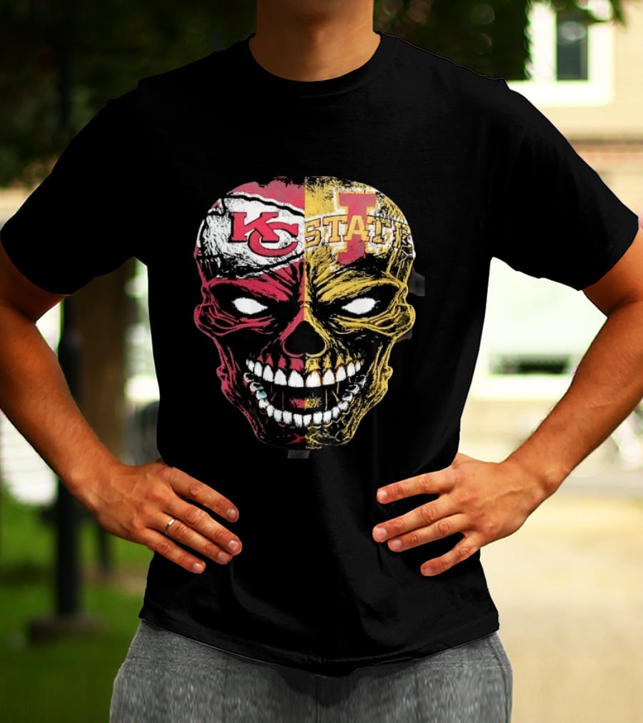 Kansas City Chiefs Iowa State Cyclones Skull Split Face T-Shirt