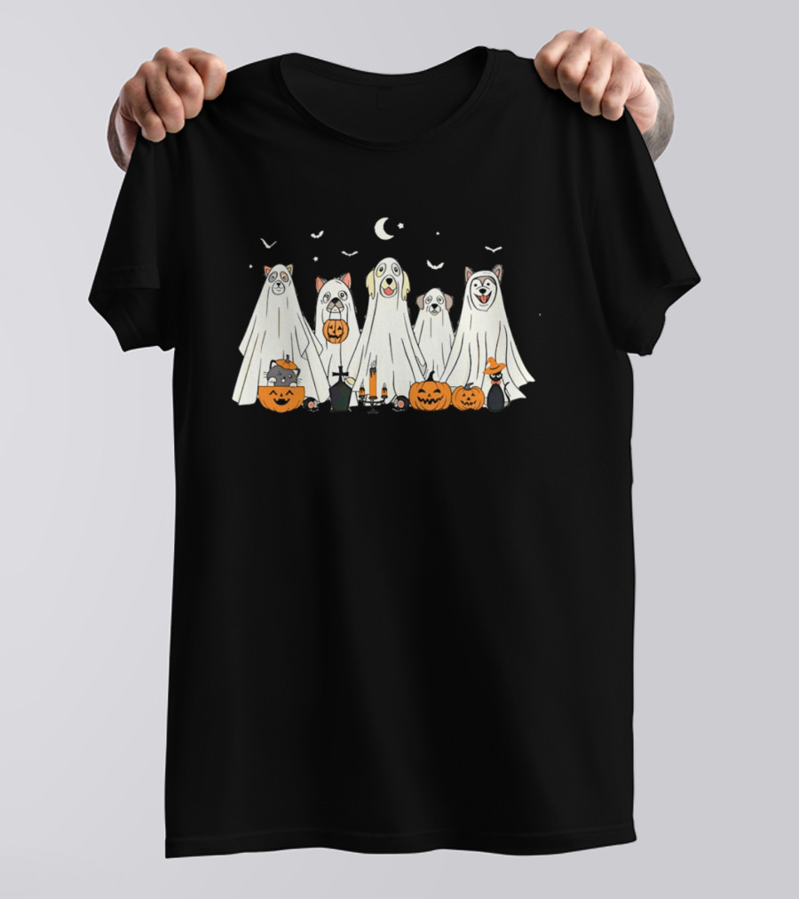 Halloween Ghost Dog Pack With Pumpkins And Moonlit Night T-Shirt
