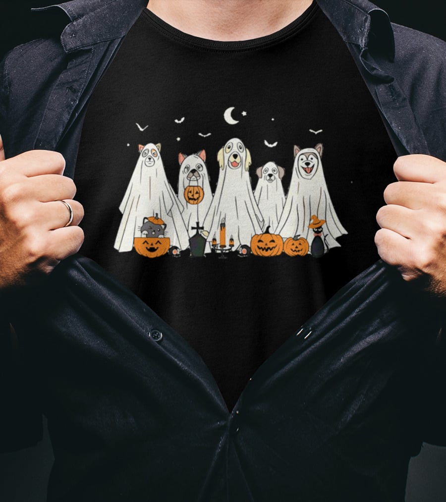 Halloween Ghost Dog Pack With Pumpkins And Moonlit Night T-Shirt