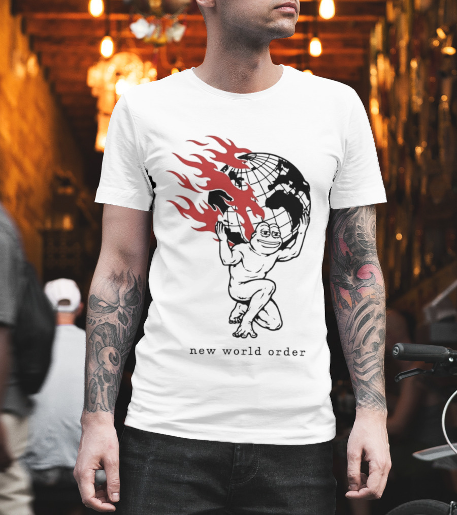 Frog Carrying Burning Earth With Flames New World Order T-Shirt