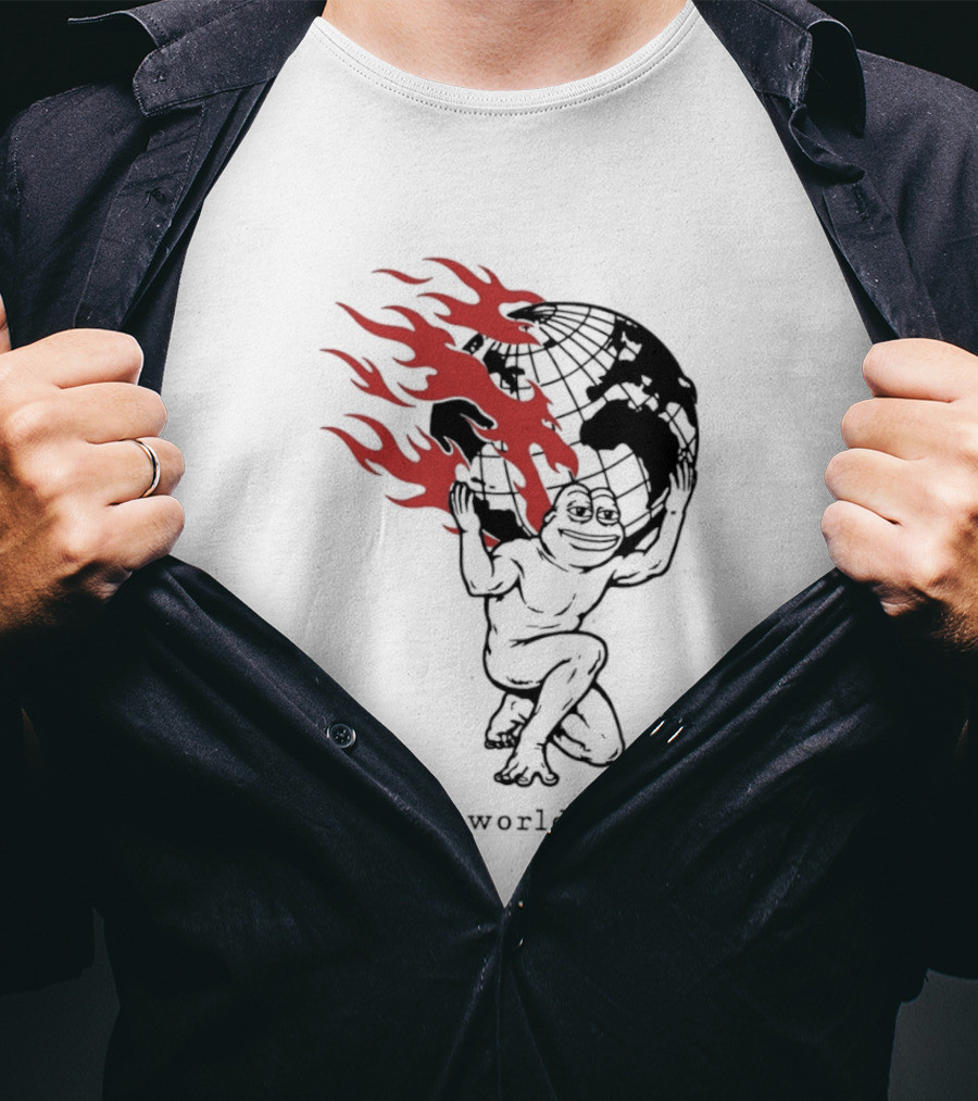 Frog Carrying Burning Earth With Flames New World Order T-Shirt