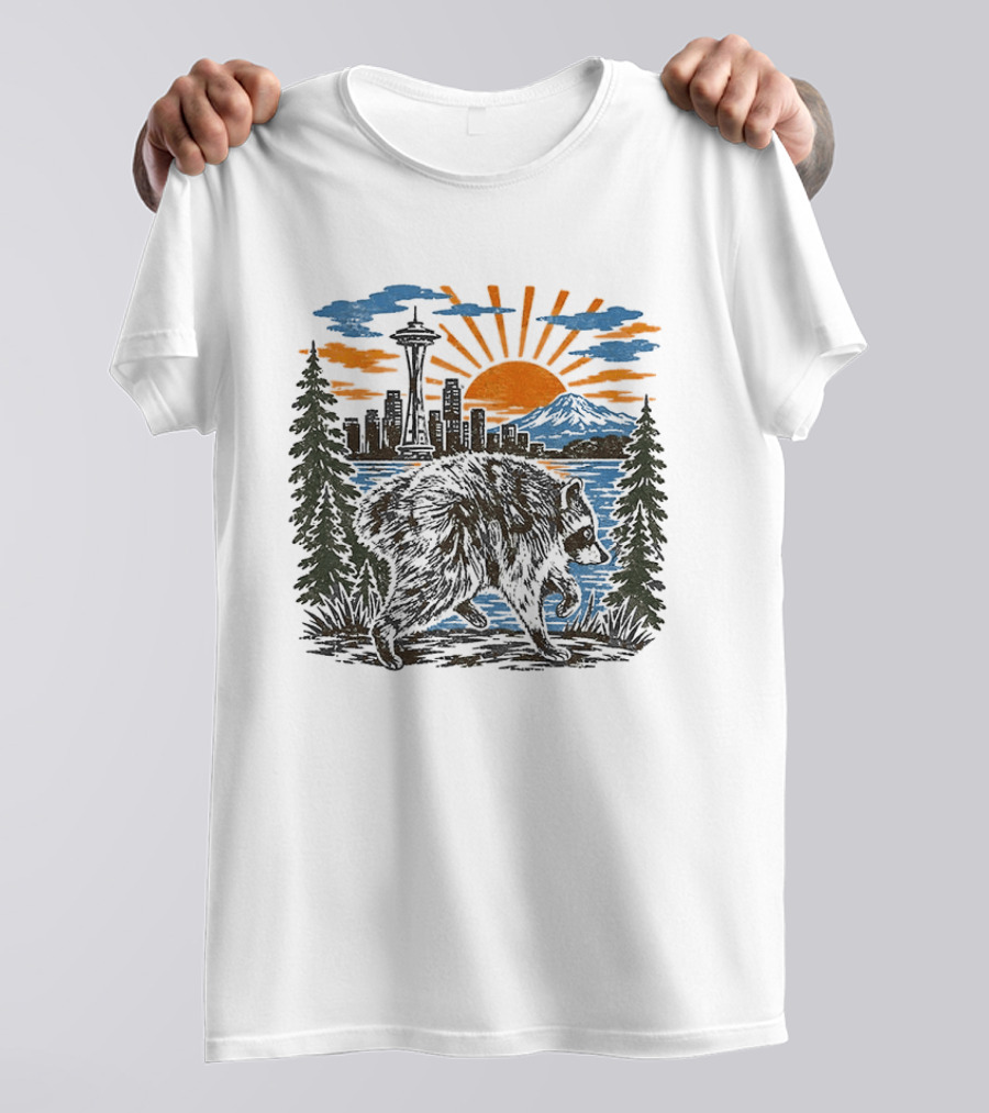 Raccoon Jimothy Seattle Skyline Sunset With Space Needle T-Shirt