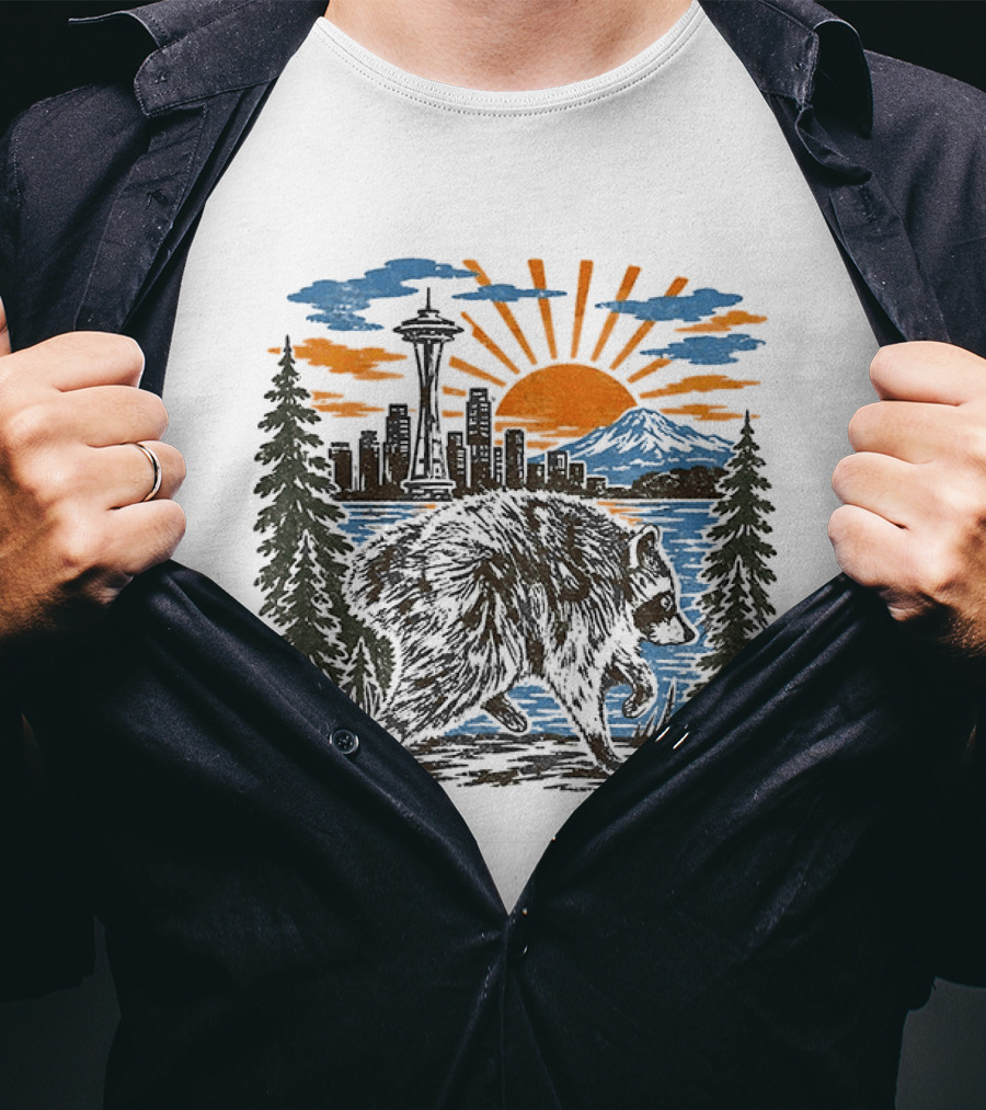 Raccoon Jimothy Seattle Skyline Sunset With Space Needle T-Shirt
