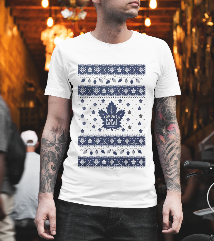 Toronto Maple Leafs Holiday Lights Festive Pattern Leafs Logo Snowflakes T-Shirt