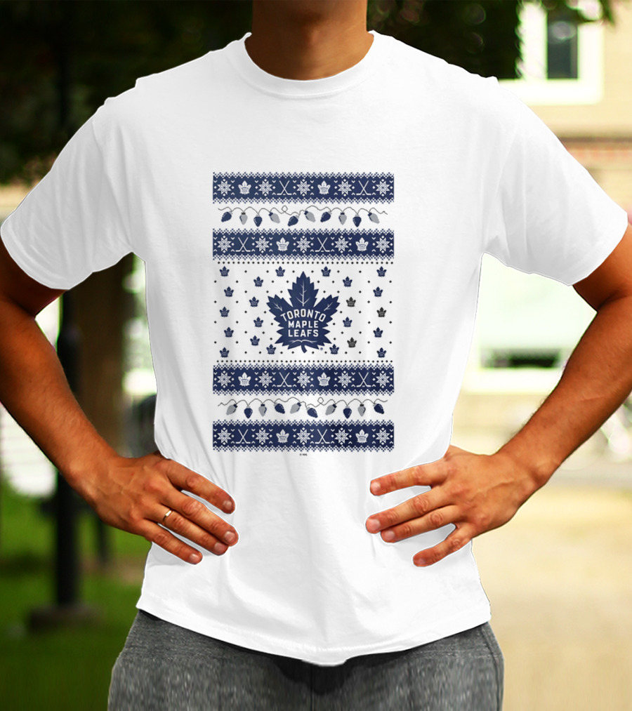 Toronto Maple Leafs Holiday Lights Festive Pattern Leafs Logo Snowflakes T-Shirt