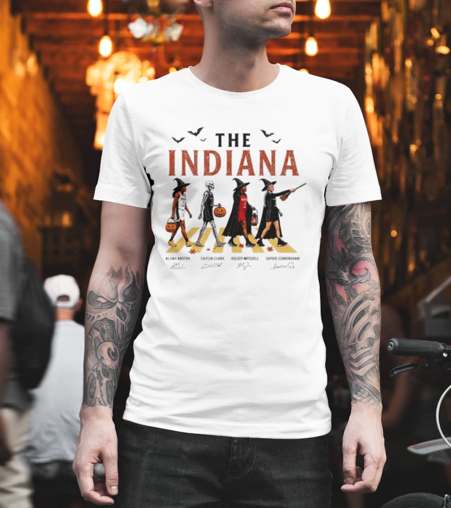 The Indiana Fever WNBA Aliyah Boston Caitlin Clark Kelsey Mitchell Sophie Cunningham Halloween Crosswalk Skeleton Witches Pumpkin T-Shirt