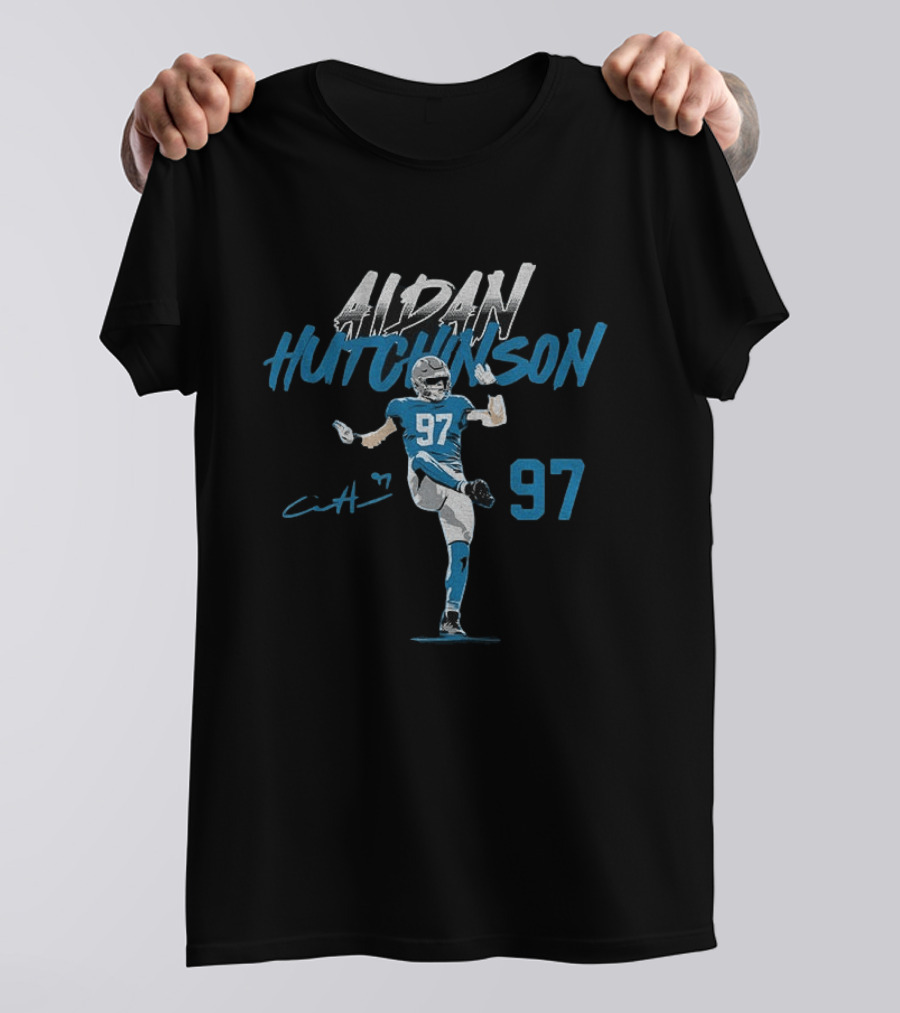 Aidan Hutchinson 97 Detroit Lions Football Player Signature NFL T-Shirt