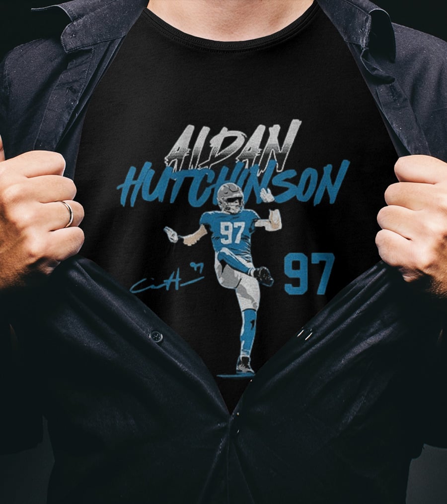 Aidan Hutchinson 97 Detroit Lions Football Player Signature NFL T-Shirt