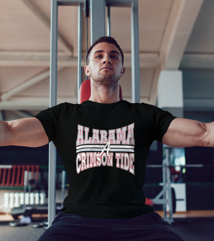 Alabama Crimson Tide Script A Curved Stripes Block Lettering T-Shirt