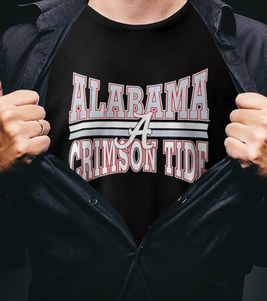 Alabama Crimson Tide Script A Curved Stripes Block Lettering T-Shirt