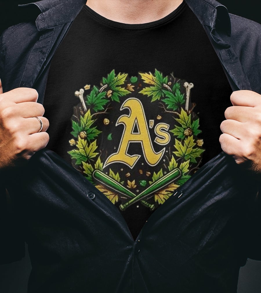 A's Halloween Maple Leaves Skull Crossed Bats Baseballs T-Shirt