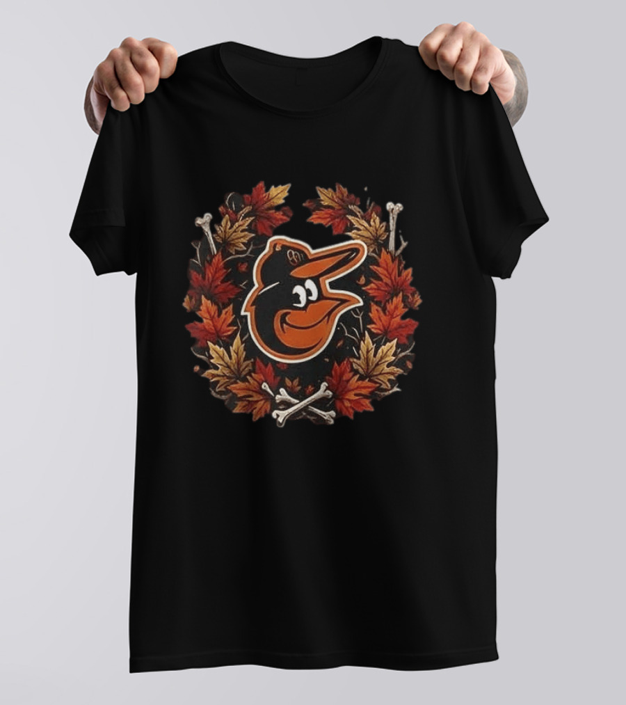Baltimore Orioles Halloween Maple Leaves Skull Crossed Bats Baseballs T-Shirt