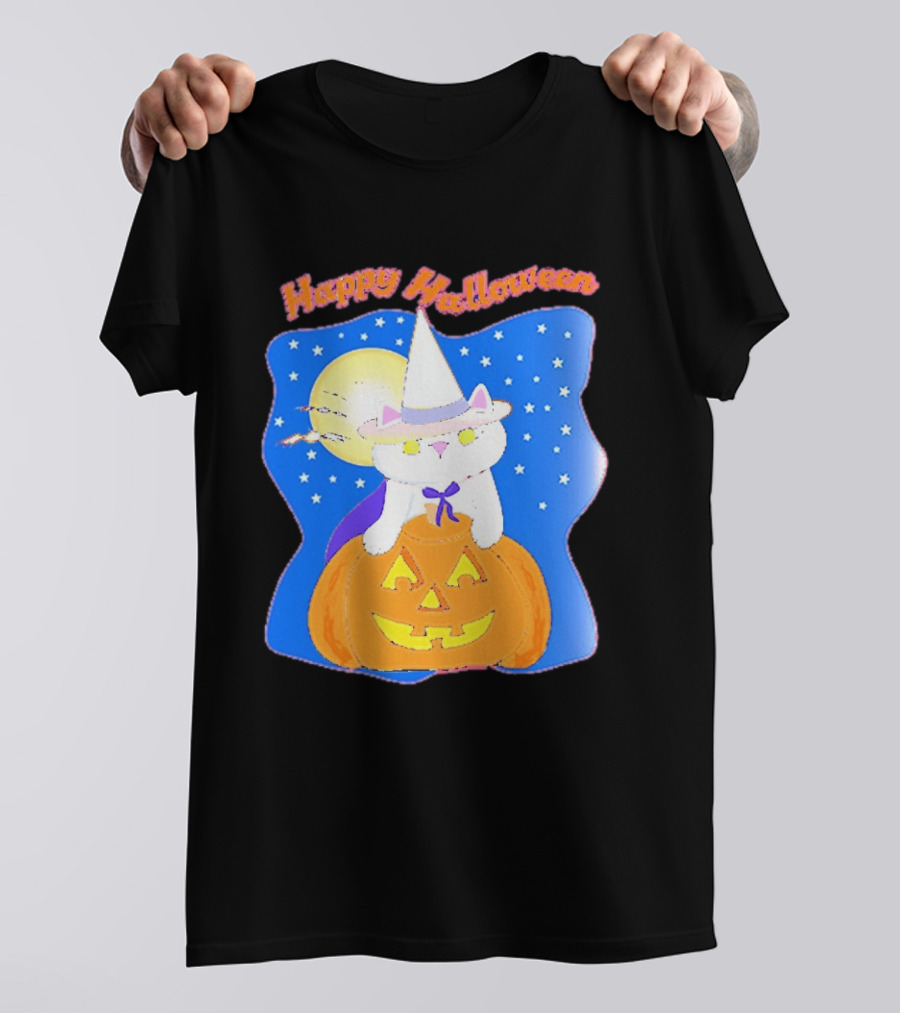 Happy Halloween Cat Witch On Pumpkin With Full Moon And Stars T-Shirt