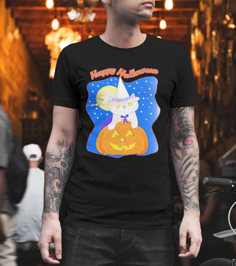 Happy Halloween Cat Witch On Pumpkin With Full Moon And Stars T-Shirt