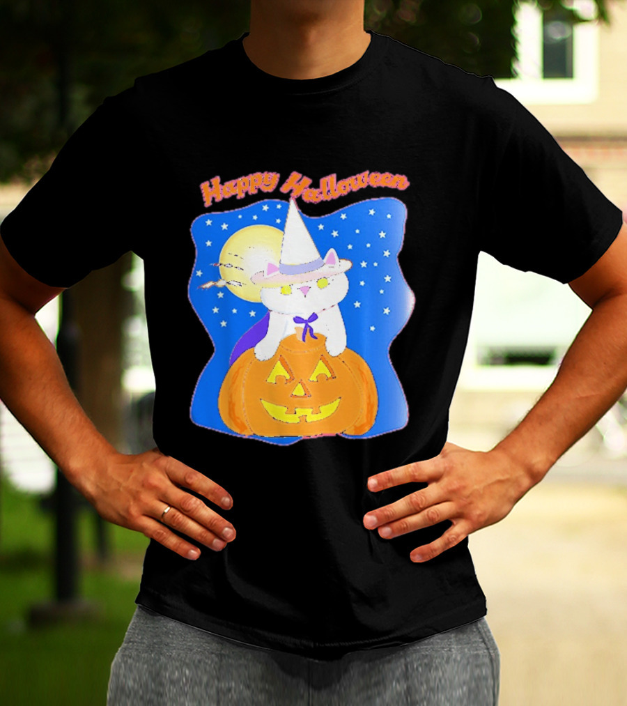 Happy Halloween Cat Witch On Pumpkin With Full Moon And Stars T-Shirt