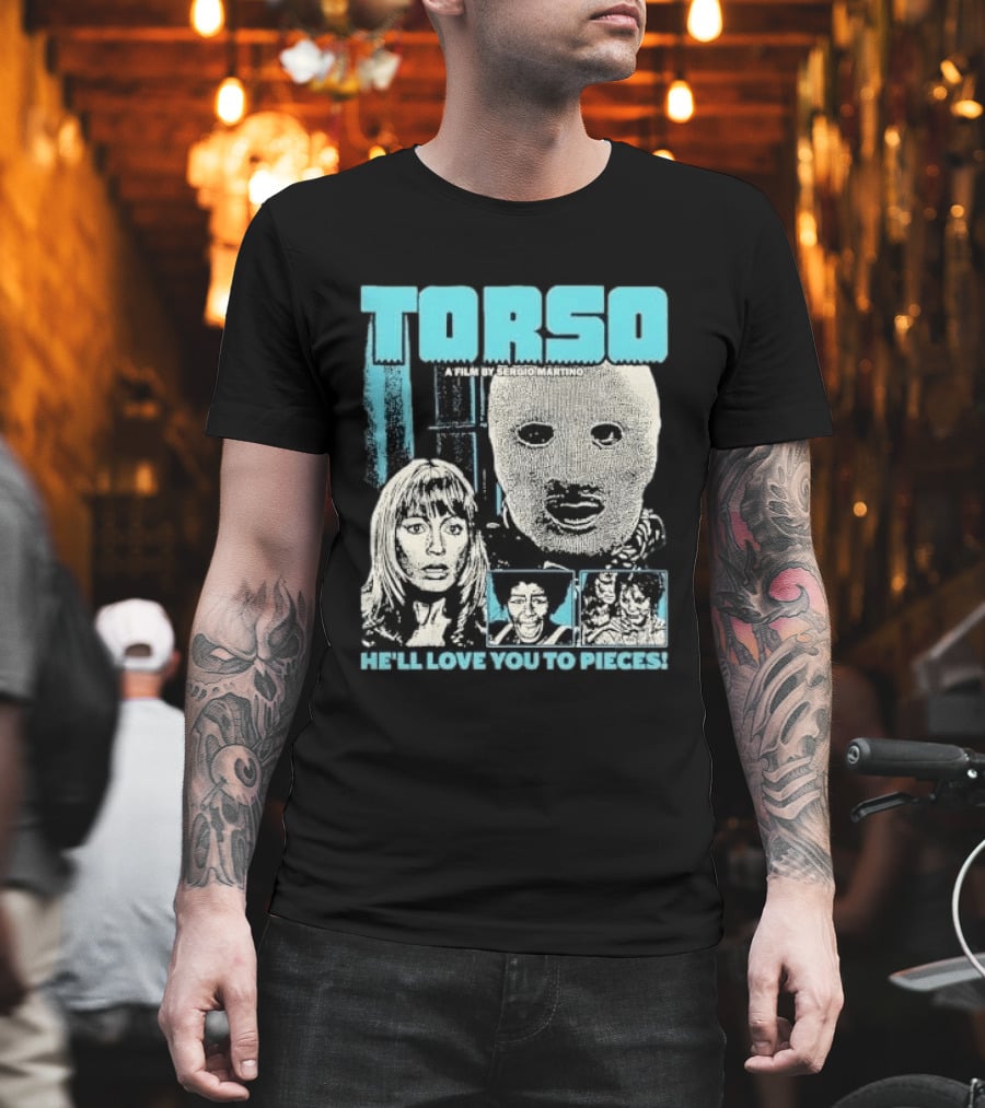 TORSO A Film By Sergio Martino He'll Love You To Pieces Masked Killer Scared Woman Halftone Horror T-Shirt