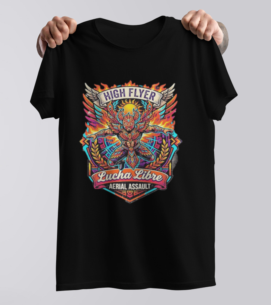 High Flyer Lucha Libre Aerial Assault Winged Masked Wrestler Sun Flames T-Shirt