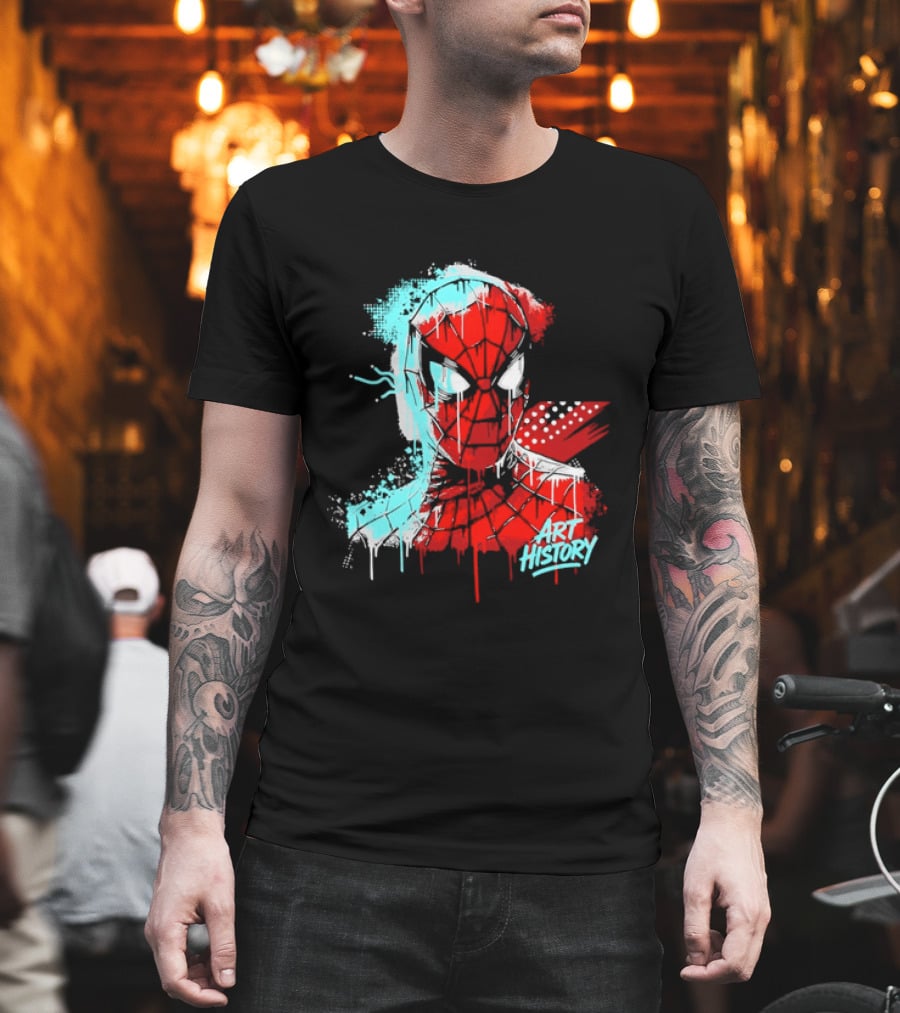 Spider Man Mask Dripping Paint Graffiti Art History Halftone Splatter T-Shirt