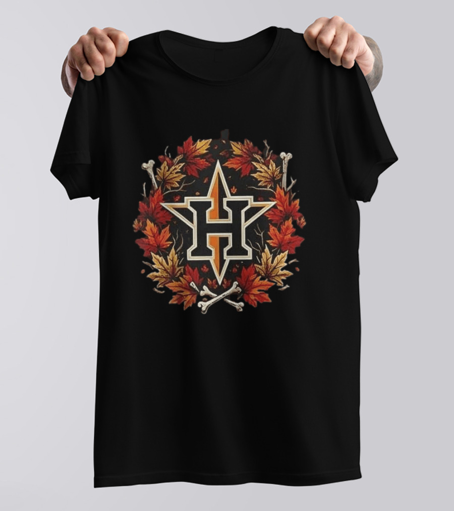 Houston Astros Halloween Maple Leaves Skull Crossed Bats Baseballs T-Shirt