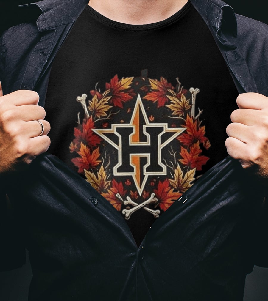 Houston Astros Halloween Maple Leaves Skull Crossed Bats Baseballs T-Shirt