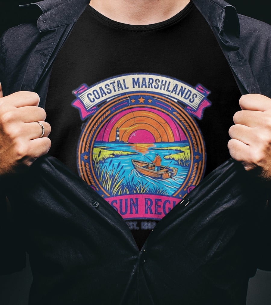 Coastal Marshlands Suisun Region Established 1868 Distressed Sunset Lighthouse Fisherman Boat Marsh T-Shirt