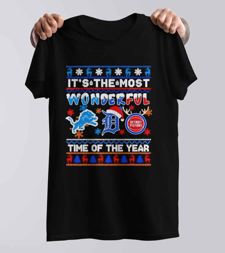 Detroit Lions And Pistons Christmas 2026 It's The Most Wonderful Time Of The Year T-Shirt