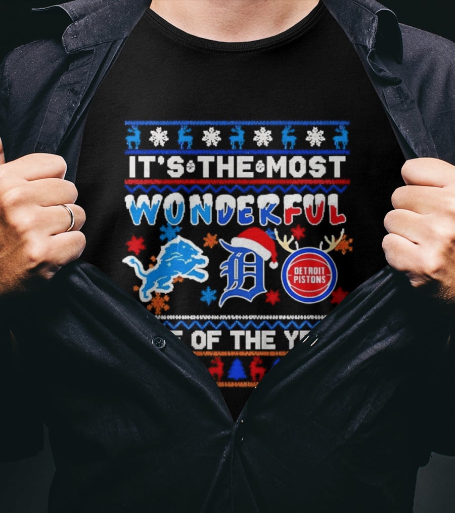 Detroit Lions And Pistons Christmas 2026 It's The Most Wonderful Time Of The Year T-Shirt