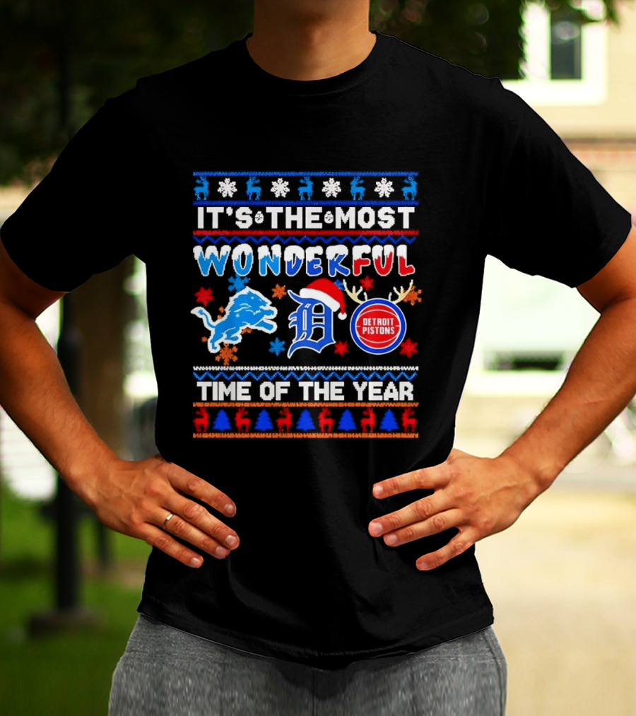 Detroit Lions And Pistons Christmas 2026 It's The Most Wonderful Time Of The Year T-Shirt