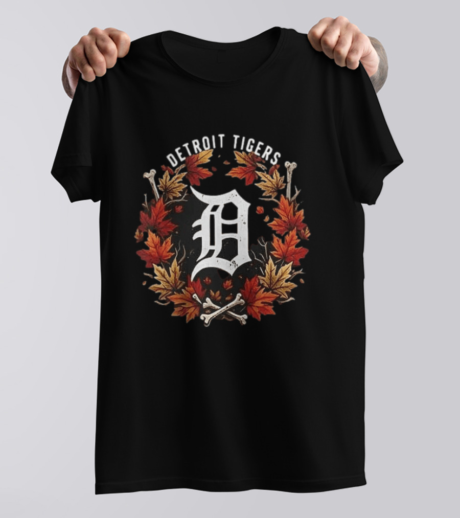 Detroit Tigers Maple Leaves Skull Crossed Bones Halloween Baseballs T-Shirt