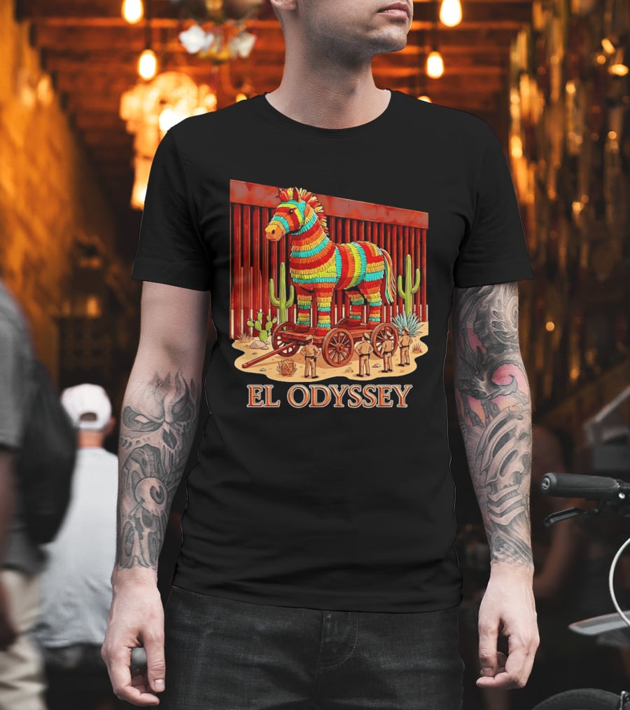 El Odyssey Piñata Horse Statue At Border With Cacti And Soldiers T-Shirt