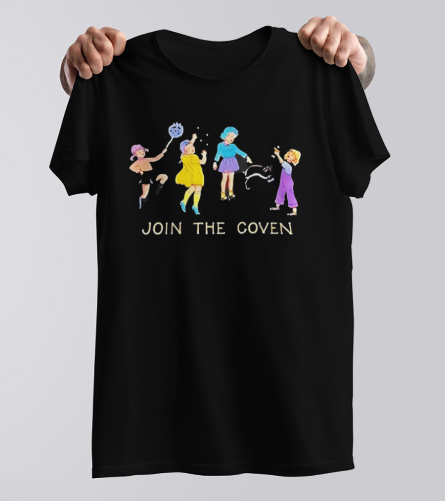Join The Coven Funny Retro Witchy Kids Playing With Black Cat T-Shirt