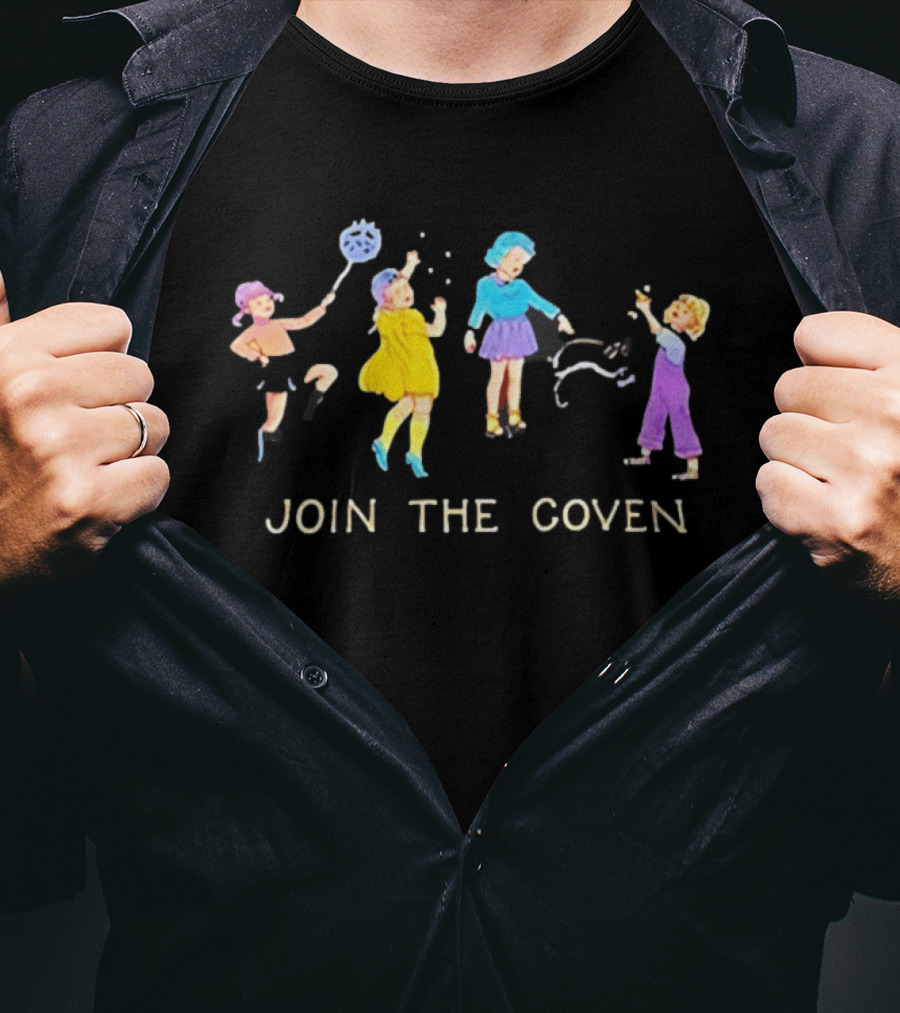Join The Coven Funny Retro Witchy Kids Playing With Black Cat T-Shirt