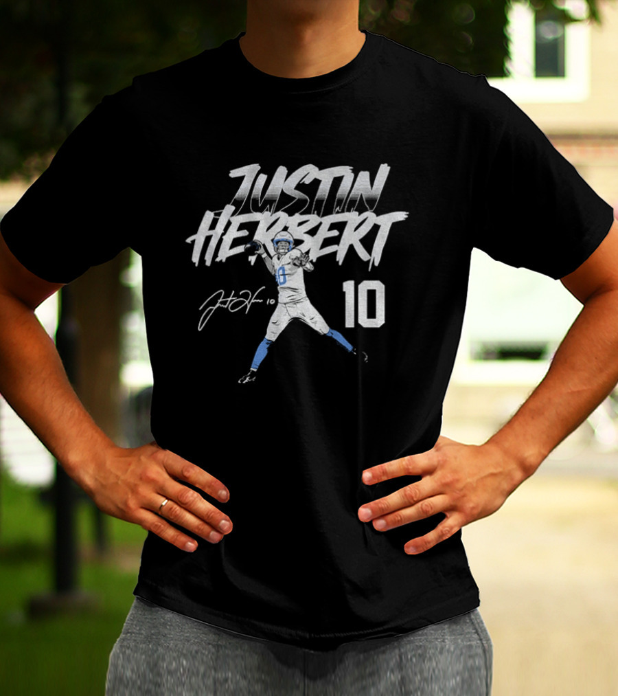 Justin Herbert Los Angeles Chargers NFLPA Player Number 10 Football T-Shirt