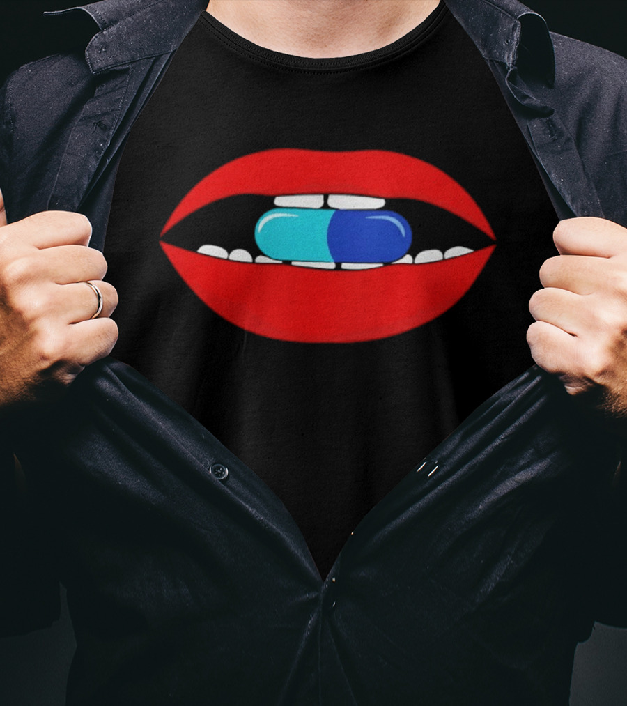 Red Lips Blue And Cyan Pill Bite T-Shirt