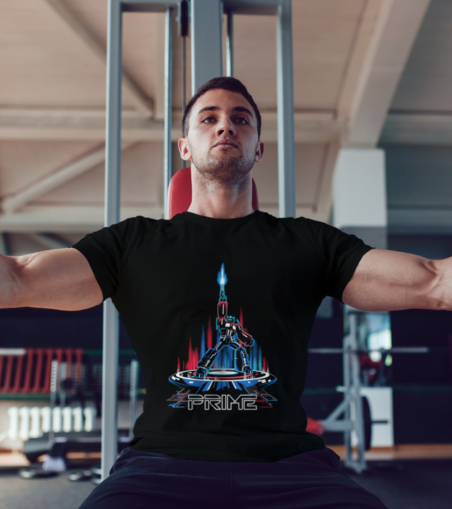 Prime Neon Robot Raising Glowing Light Beam Circular Platform T-Shirt