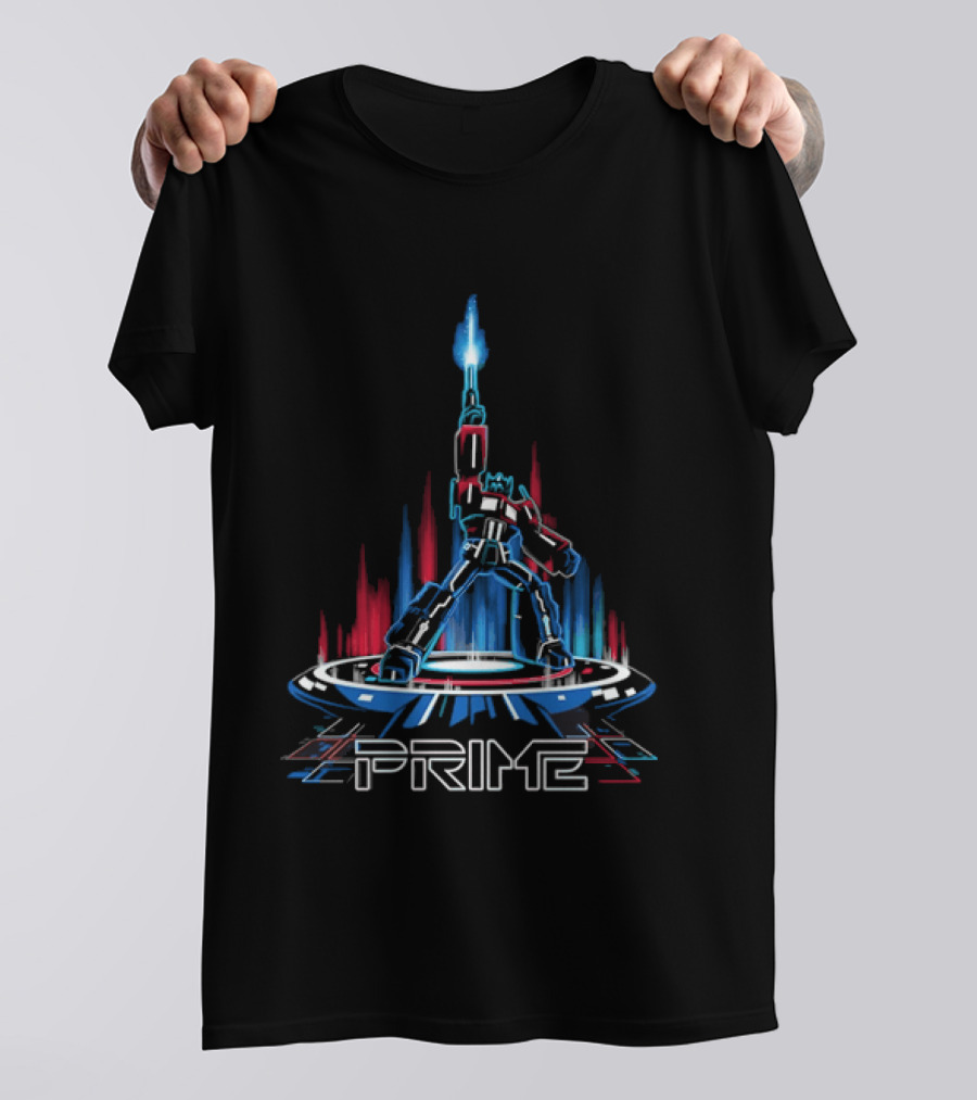 Prime Neon Robot Raising Glowing Light Beam Circular Platform T-Shirt