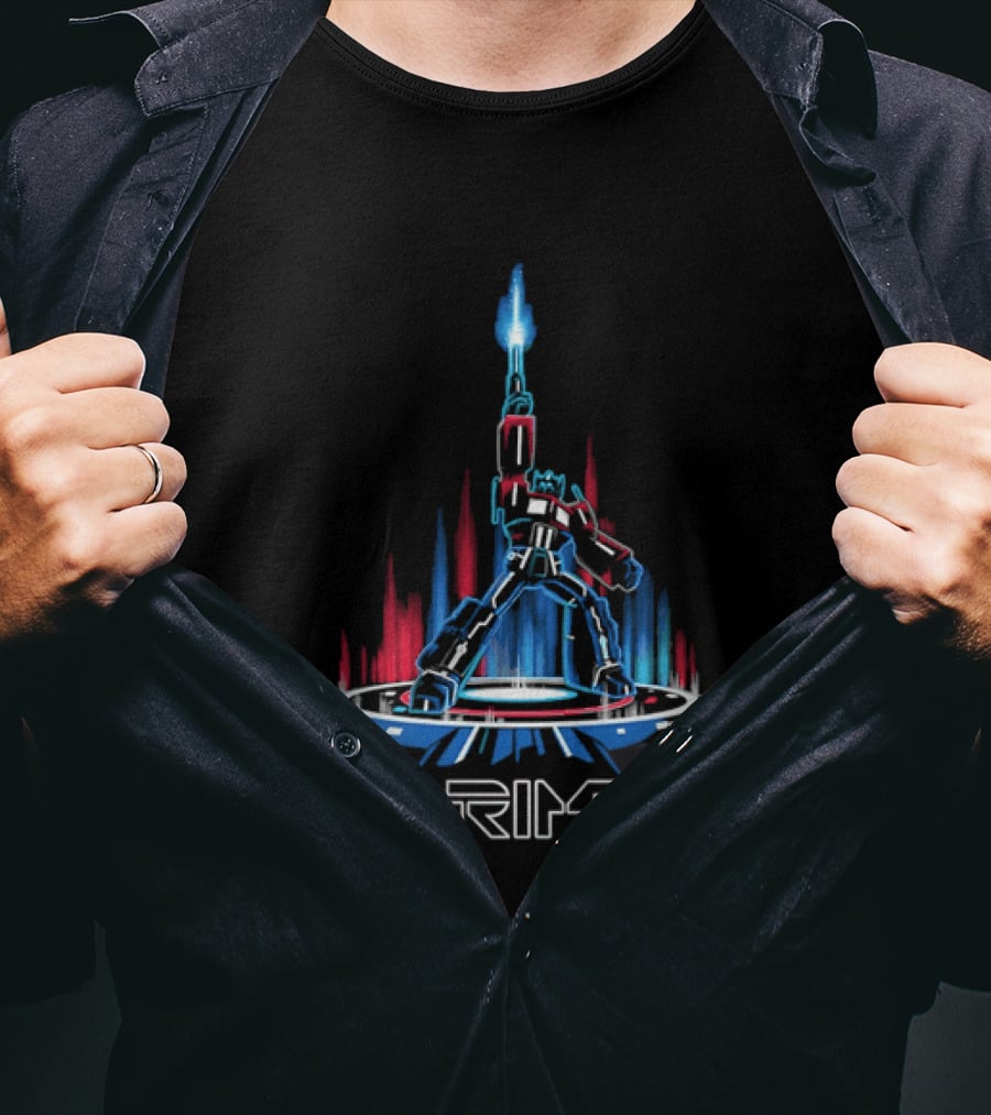 Prime Neon Robot Raising Glowing Light Beam Circular Platform T-Shirt