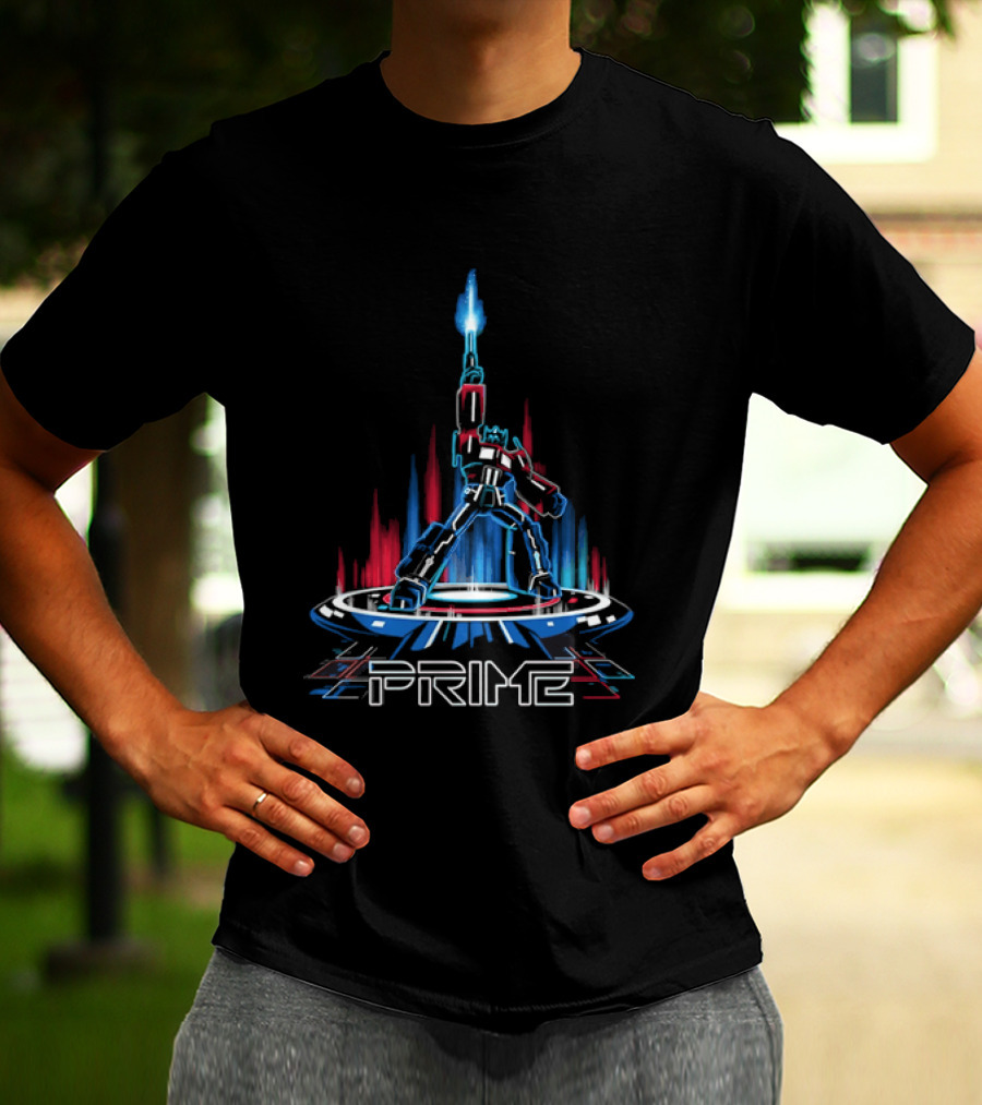 Prime Neon Robot Raising Glowing Light Beam Circular Platform T-Shirt