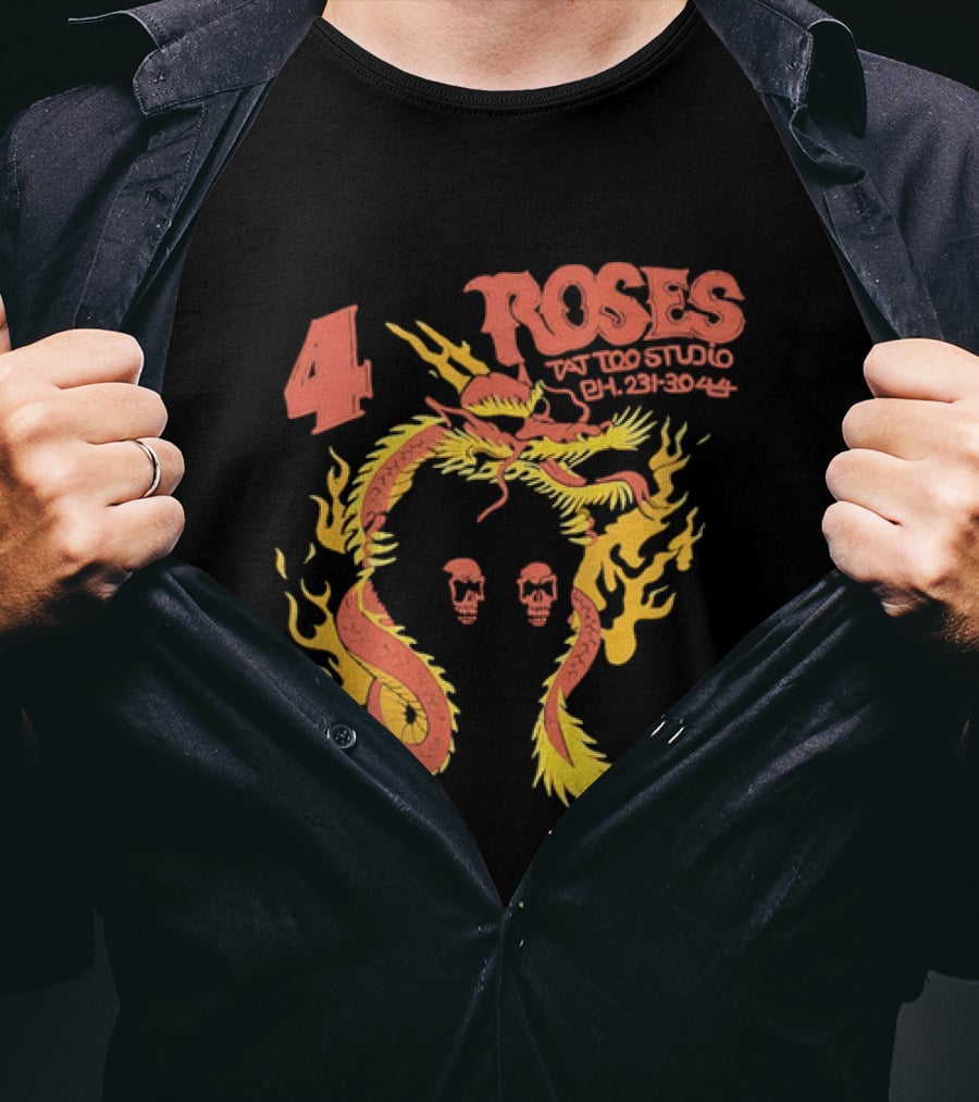 4 Roses Tattoo Studio Ph 231 3044 Dragon Yellow Flames Red Skulls T-Shirt