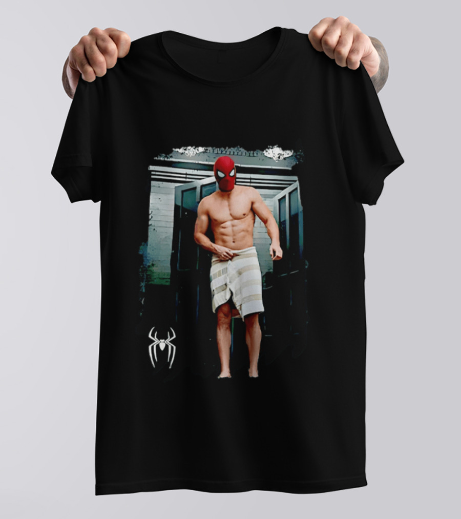 Spider Man Masked Figure In Towel Scene With Iconic White Spider T-Shirt
