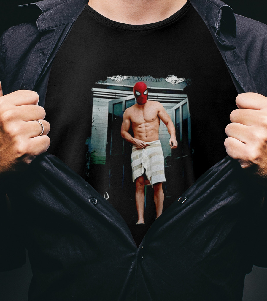 Spider Man Masked Figure In Towel Scene With Iconic White Spider T-Shirt