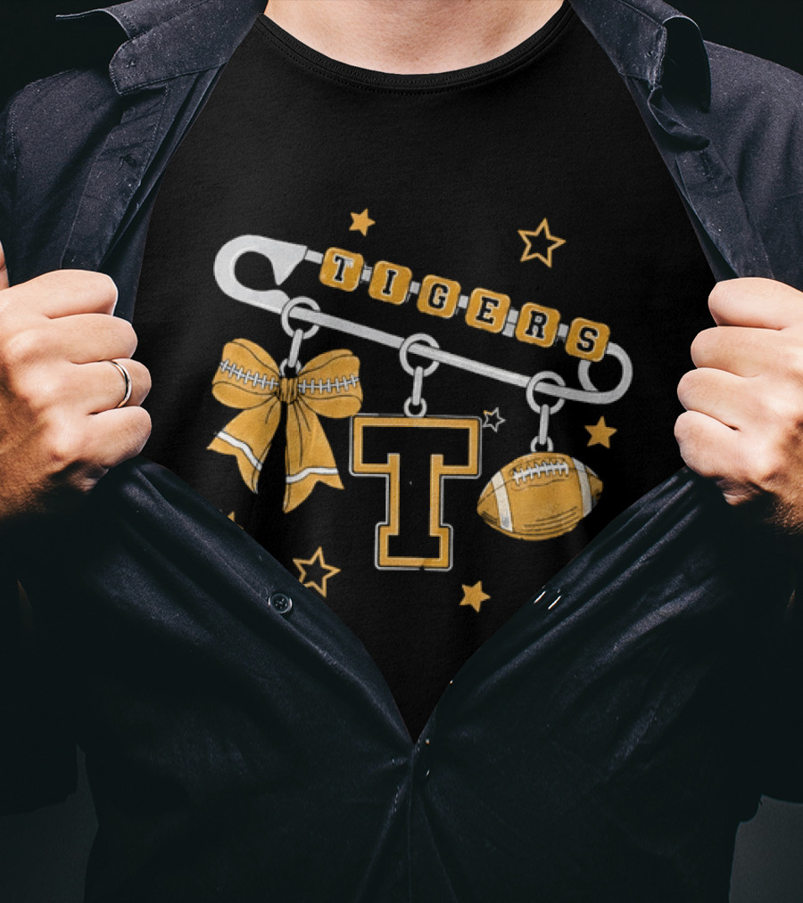 Tigers Cheer Bow Safety Pin Varsity Letter Football Charms Stars T-Shirt
