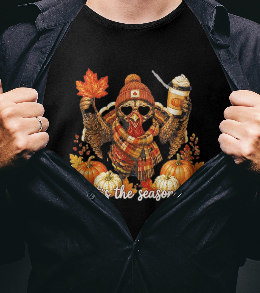 Tis The Season Turkey Beanie Sunglasses Maple Leaf Coffee Pumpkins Autumn Celebration T-Shirt