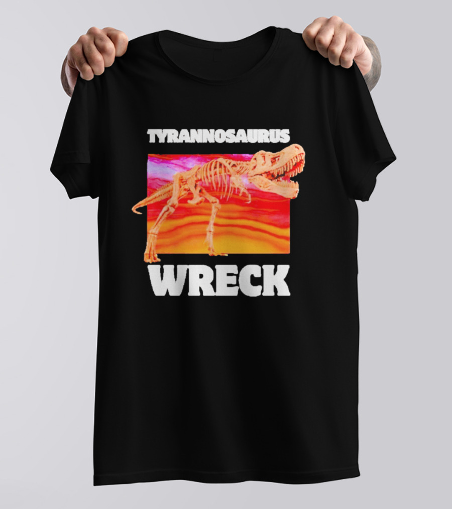Tyrannosaurus Wreck Dinosaur Pun With Rex Skeleton On Sunset T-Shirt